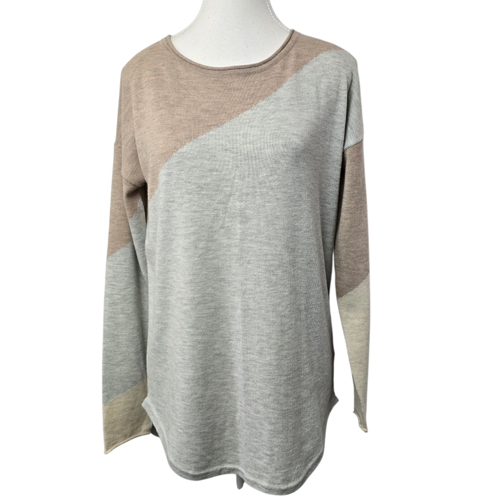 Smartwool Women’s Gray & Tan Colorblock Sweater Neutral Officewear Quiet Luxury